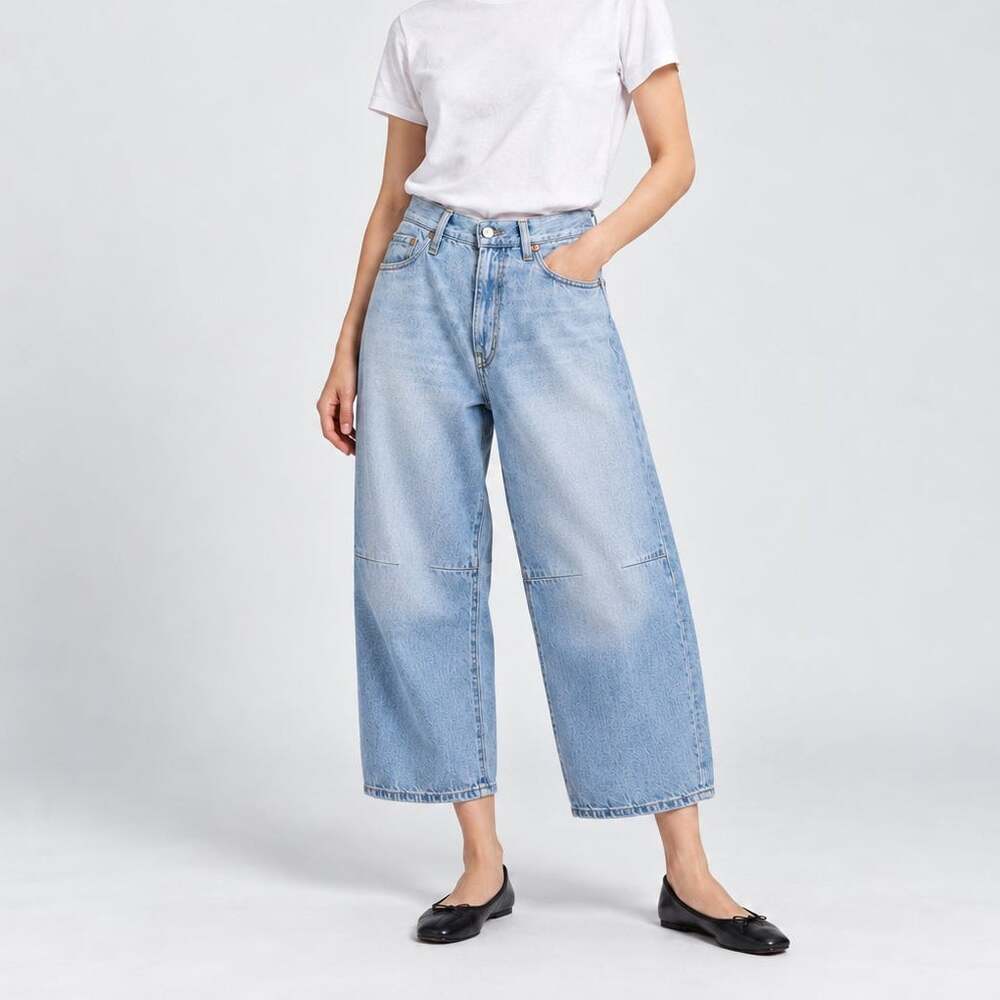 R13 Cropped Wide Leg Jeans Toni Barrel Tapered Pleated Blue Size 26